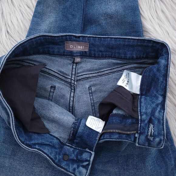 DL1961 Women's 25 Blue Distressed Raw Hem High Rise Skinny Laramie Farrow Jeans - Picture 7 of 9